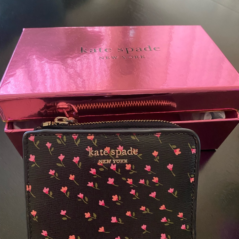 Black Kate spade wallet with pink flowers